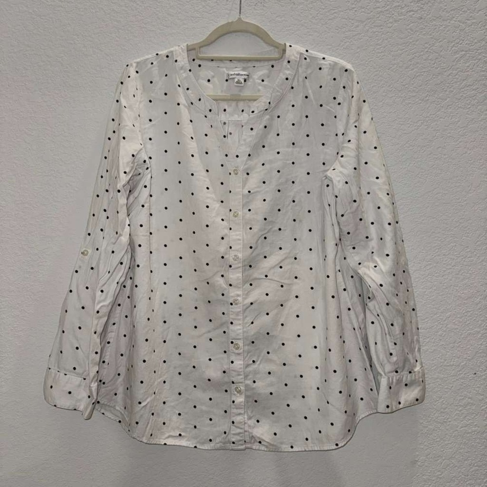 Croft & Barrow Women's Sz XL Button Up White Black Polka Dot Shirt Long Sleeves